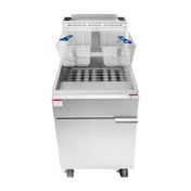 A stainless steel CookRite Fryer with two metal frying baskets, each with a blue heat-resistant handle, sits above the open oil vat. This LP gas fryer features a 75 lb. capacity and a clean, industrial design with wheels and a closed storage cabinet below.