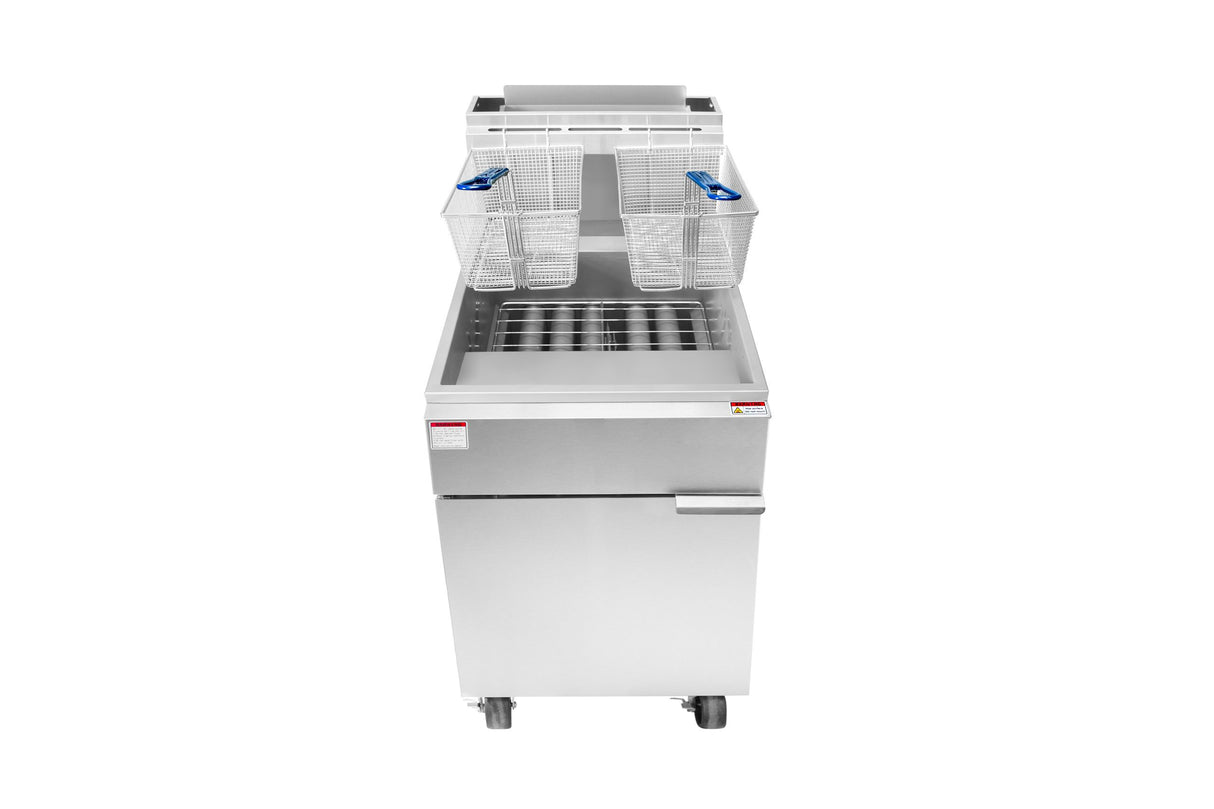 A commercial deep fryer with a stainless steel body, 75 lb. capacity, two wire frying baskets with blue handles resting on top, and a closed cabinet door beneath the fryer section. The fryer is on wheels and is photographed against a plain white background.