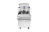 A commercial deep fryer with a stainless steel body, 75 lb. capacity, two wire frying baskets with blue handles resting on top, and a closed cabinet door beneath the fryer section. The fryer is on wheels and is photographed against a plain white background.