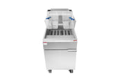 A commercial deep fryer with a stainless steel body, 75 lb. capacity, two wire frying baskets with blue handles resting on top, and a closed cabinet door beneath the fryer section. The fryer is on wheels and is photographed against a plain white background.