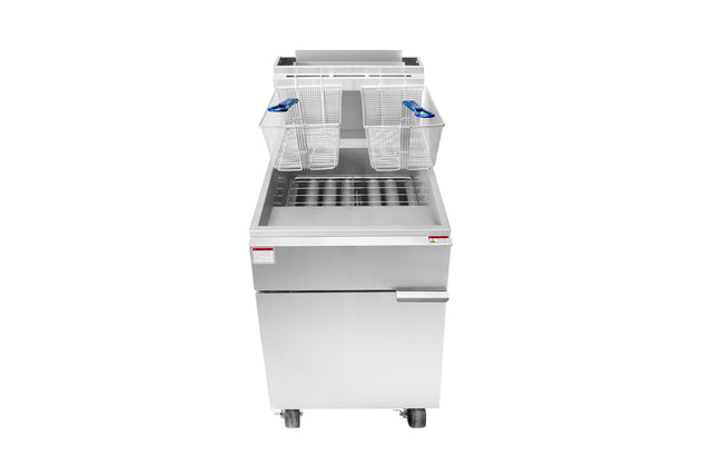 A commercial deep fryer with a stainless steel body, 75 lb. capacity, two wire frying baskets with blue handles resting on top, and a closed cabinet door beneath the fryer section. The fryer is on wheels and is photographed against a plain white background.