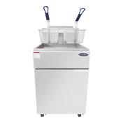 An Atosa deep fryer with a stainless steel finish features two metal frying baskets with blue handles above the oil vat. This 75 lb deep fryer has a lower cabinet, small wheels, and a front brand logo, all set against a plain white background.