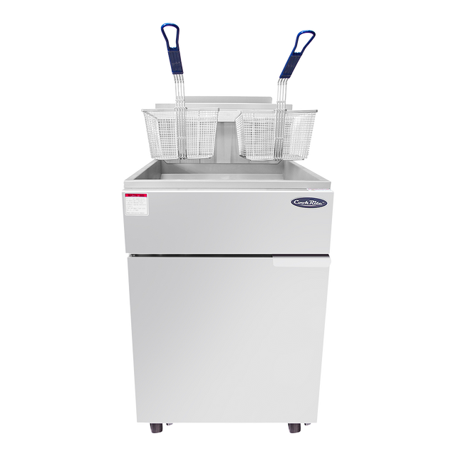 An Atosa deep fryer with a stainless steel finish features two metal frying baskets with blue handles above the oil vat. This 75 lb deep fryer has a lower cabinet, small wheels, and a front brand logo, all set against a plain white background.