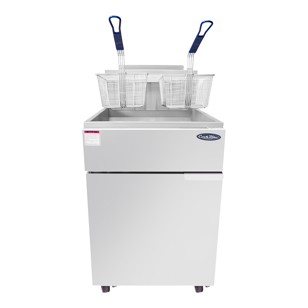 A CookRite Fryer with a 75 lb. capacity and two metal baskets featuring blue handles rests inside the silver, rectangular appliance. The natural gas fryer has a control panel, door below, and is set against a plain white background.