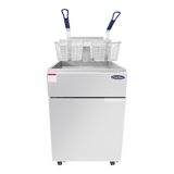 A CookRite Fryer with a 75 lb. capacity and two metal baskets featuring blue handles rests inside the silver, rectangular appliance. The natural gas fryer has a control panel, door below, and is set against a plain white background.