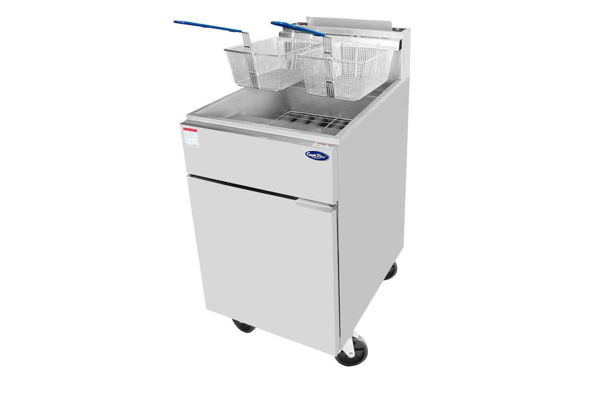 The Atosa ATFS-75 is a commercial deep fryer with a stainless steel finish, two metal frying baskets with blue handles, and four caster wheels for mobility. This 75 lb fryer features a control panel, open top with basket rests, and a lower storage cabinet.