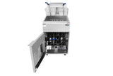 A commercial LP gas deep fryer with a 75 lb. capacity, featuring two metal frying baskets on top. The front door is open, revealing internal components and wiring. Its stainless steel exterior sports a small blue logo in the top right corner.