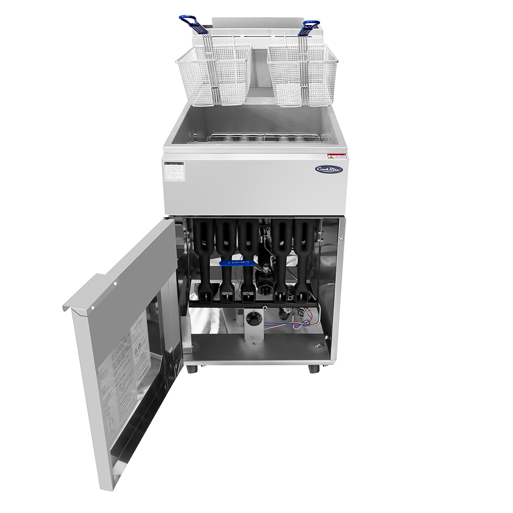 A commercial 75 lb. capacity fryer with two metal baskets on top, blue handles facing forward. The stainless steel CookRite Fryer has its front access panel open, showing internal pipes, wiring, and a schematic on the door.
