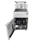 A 75 lb. natural gas floor fryer with two metal baskets on top, handles facing forward. The front panel is open, revealing internal components, wiring, and pipes. The stainless steel commercial deep fryer sits against a plain white background.