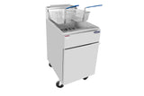 A 75 lb Atosa deep fryer on wheels with a sleek stainless steel finish. Two metal fryer baskets with blue handles rest inside, and the lower section features a cabinet door, front vents, and a small label.