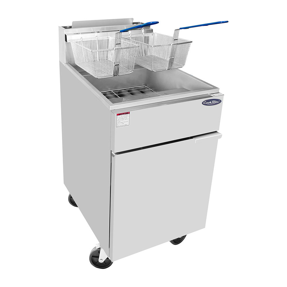 A CookRite Fryer with two metal baskets featuring blue handles. This silver, 75 lb. capacity fryer includes a lower storage compartment with a door, sits on four wheels, and is set against a plain white background.
