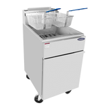 A CookRite Fryer with two metal baskets featuring blue handles. This silver, 75 lb. capacity fryer includes a lower storage compartment with a door, sits on four wheels, and is set against a plain white background.