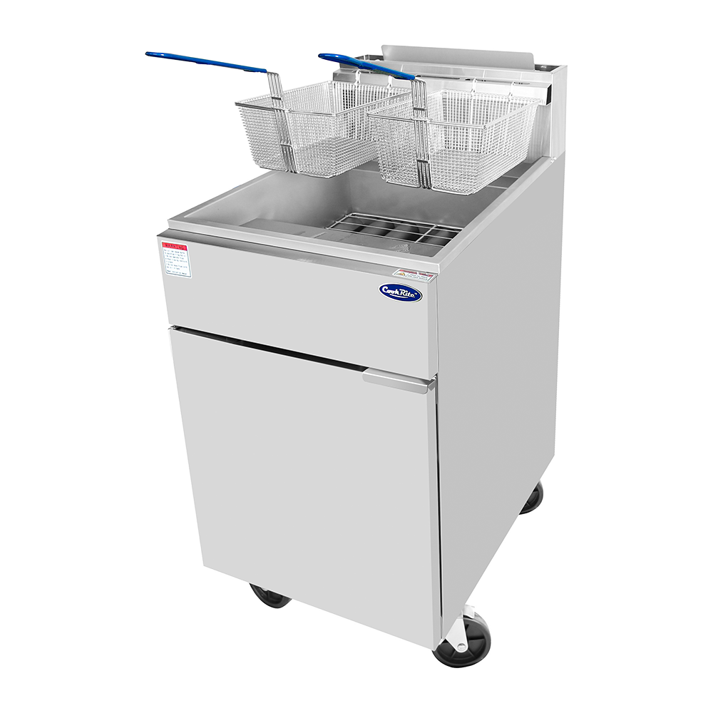 A CookRite Fryer with a stainless steel body, two metal fry baskets with blue handles, front control panel, and four wheels for mobility. This 75 lb. capacity fryer features a rectangular shape, lower storage cabinet, and a plain white background.