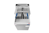 A commercial Atosa ATFS-75 deep fryer with two metal frying baskets, each featuring blue-coated handles, sits open and unused. The stainless steel 75 lb fryer has a front panel with a brand label and warning stickers near the top.