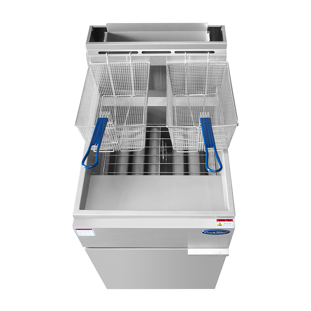 A CookRite Fryer natural gas commercial deep fryer with two metal baskets featuring blue handles is shown from above. The stainless steel body and 75 lb. capacity oil container are visible, resting on a plain white background.