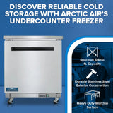 A stainless steel Arctic Air AUC27F undercounter reach-in freezer with a freezer work top counter, handle, and wheels is shown. Icons showcase its 5.4 cu. ft. capacity, durable exterior, and heavy-duty worktop for reliable cold storage.