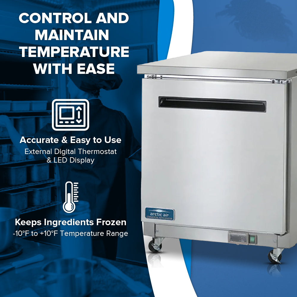 An Arctic Air AUC27F reach-in freezer work top counter with a closed door sits in a professional kitchen. Text highlights features: “CONTROL AND MAINTAIN TEMPERATURE WITH EASE,” and “Accurate & Easy to Use—External Digital Thermostat & LED Display.”.