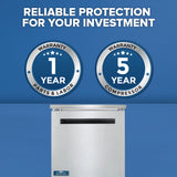 A reach-in freezer with the Arctic Air logo sits against a blue background. Above it, bold text reads Reliable protection for your investment. Two circular icons show 1 Year Warranty Parts & Labor and 5 Year Warranty Compressor.