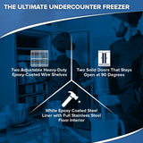 A blue-toned promotional image for the Arctic Air AUC27F undercounter freezer. Features chefs using the freezer work top counter, with text highlighting two adjustable wire shelves, double doors, and a white epoxy-coated steel liner with stainless floor.