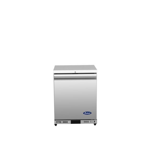 A compact, stainless steel Atosa undercounter freezer with a flat front door, small air vents at the bottom, and the Atosa logo on the lower section. The commercial freezer sits on small wheels against a plain white background.