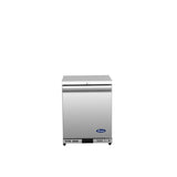 A small, stainless steel refrigerator with a single solid door, front ventilation, and a blue Arctic Air logo at the bottom center. This compact reach-in refrigerator is set against a plain white background.