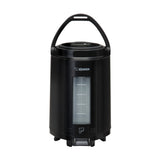 An insulated black Zojirushi beverage dispenser with a cylindrical body, carrying handle on top, transparent vertical window for liquid level, glass vacuum liner, and spigot at the bottom; the brand name appears above the window.