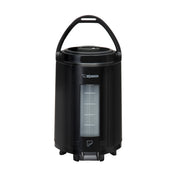 An insulated black Zojirushi beverage dispenser with a cylindrical body, carrying handle on top, transparent vertical window for liquid level, glass vacuum liner, and spigot at the bottom; the brand name appears above the window.