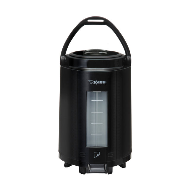 An insulated black Zojirushi beverage dispenser with a cylindrical body, carrying handle on top, transparent vertical window for liquid level, glass vacuum liner, and spigot at the bottom; the brand name appears above the window.
