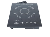 A black Drop-In Induction Cooker with a ceramic glass surface and single burner, featuring white concentric circles. Touch controls below offer adjustable temperature, lock, power, and energy. Warning: “Surface remains hot after use. Do not touch!”.