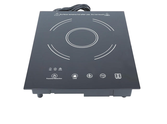 A black Drop-In Induction Cooker with a ceramic glass surface and single burner, featuring white concentric circles. Touch controls below offer adjustable temperature, lock, power, and energy. Warning: “Surface remains hot after use. Do not touch!”.