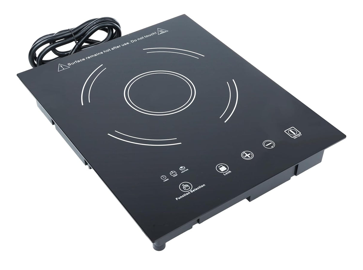 A black Drop-In Induction Cooker with a ceramic glass surface, white circular markings, touch control icons, coiled power cord, and adjustable temperature symbols for precise heat and a hot surface warning.