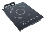 A black Drop-In Induction Cooker with a ceramic glass surface, white circular markings, touch control icons, coiled power cord, and adjustable temperature symbols for precise heat and a hot surface warning.