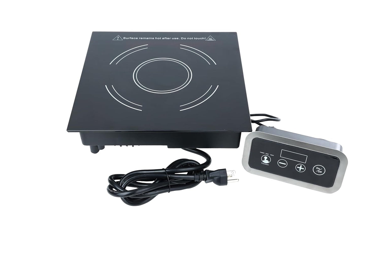 A Drop-In Induction Cooker with a sleek black ceramic glass surface, featuring white circular markings, a warning label, and digital controls on a rectangular panel with buttons, display, and power plug. Set against a clean white background.