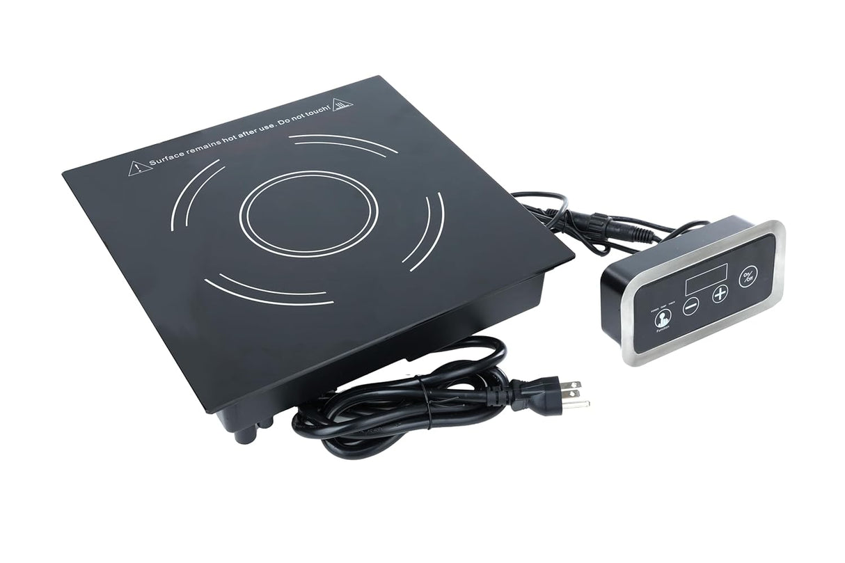 A black countertop Drop-In Induction Cooker features a circular cooking zone on a sleek ceramic glass surface, connected by a cord to a separate digital control panel with buttons and a screen. The cooktop’s power cord is coiled in front.
