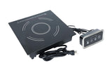 A black countertop Drop-In Induction Cooker features a circular cooking zone on a sleek ceramic glass surface, connected by a cord to a separate digital control panel with buttons and a screen. The cooktop’s power cord is coiled in front.