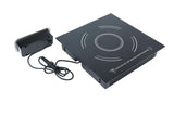 A black rectangular Drop-In Induction Cooker with a ceramic glass surface featuring a circular pattern, digital controls on the side, and a detachable black power cord with control box, displayed on a white background.