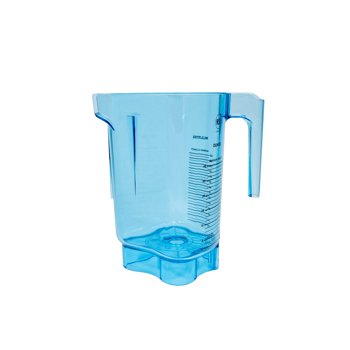 A transparent blue Tritan container measuring pitcher with a handle and spout. Volume measurements in milliliters and ounces are marked in black on the side. The 48 oz BPA Free pitcher is empty and placed against a plain white background.