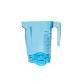 A transparent blue Tritan container measuring pitcher with a handle and spout. Volume measurements in milliliters and ounces are marked in black on the side. The 48 oz BPA Free pitcher is empty and placed against a plain white background.