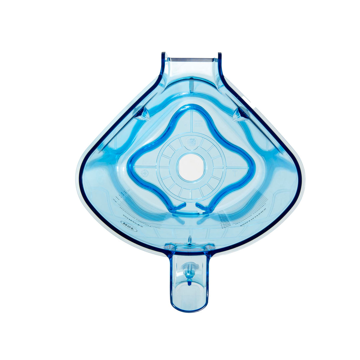 A translucent blue, diamond-shaped Tritan container respiratory mask viewed from above, showing inner structural ridges in a circular pattern with a central valve and an extended connector at the bottom for attaching to medical equipment.