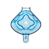 A translucent blue, diamond-shaped Tritan container respiratory mask viewed from above, showing inner structural ridges in a circular pattern with a central valve and an extended connector at the bottom for attaching to medical equipment.