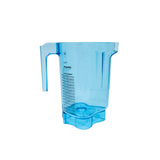 A transparent blue Tritan container measuring pitcher with a handle and marked measurements on the side. The 48 oz BPA Free pitcher is empty, sits on a white background, and features a unique, faceted bottom design.