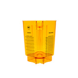 An orange, translucent Tritan container measuring cup is shown upright on a white background. Black measurement markings in ounces and milliliters are printed on the side, along with an NSF certification logo. The cup has a spout and a flat, stable base.