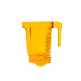 A translucent orange Tritan container measuring pitcher with a handle. Black measurement markings in ounces and milliliters are printed on the side. The 48 oz BPA Free pitcher is empty and placed against a plain white background.