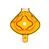 A translucent, amber-colored Tritan container with a diamond-like shape, a central circular hole, and a small protruding tube at the bottom. Red accent lines radiate symmetrically from the center. The background is white.