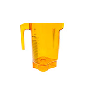A translucent orange Tritan container measuring jug with a handle and spout stands on a white background. The 48 oz BPA Free jug features black measurement markings in milliliters and ounces, plus a ridged base for added stability.