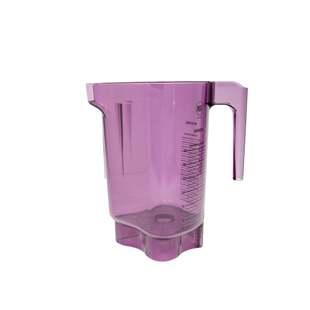 A translucent purple Tritan container measuring pitcher with a handle and spout. The 48 oz BPA Free pitcher features measurement markings in milliliters and ounces printed on the side. The background is plain white, and the pitcher appears empty.