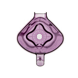 A transparent, purple, heart-shaped Tritan container viewed from above, featuring a central circular opening with geometric contours. The object has a small rectangular protrusion at the bottom and symmetrical, curved lines forming an abstract design.
