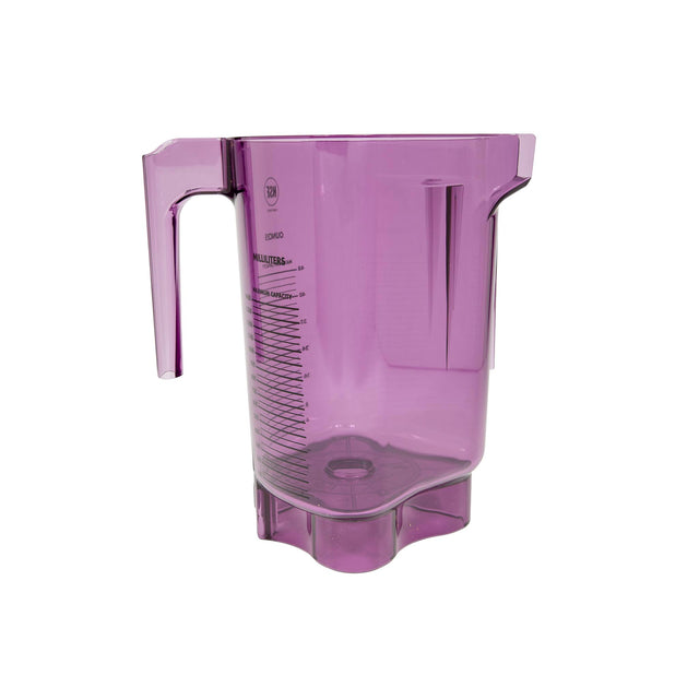 A translucent purple 48 oz BPA Free Tritan container measuring jug with a handle on the left, spout on the right, and graduated markings. The flat base features curved indentations, and it's set against a plain white background.