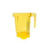 A transparent yellow 48 oz BPA free measuring pitcher with a sturdy handle, spout, and measurement markings in ounces and milliliters along the side. The hexagonal base resembles that of a Vitamix Advance container, standing upright on a white background.