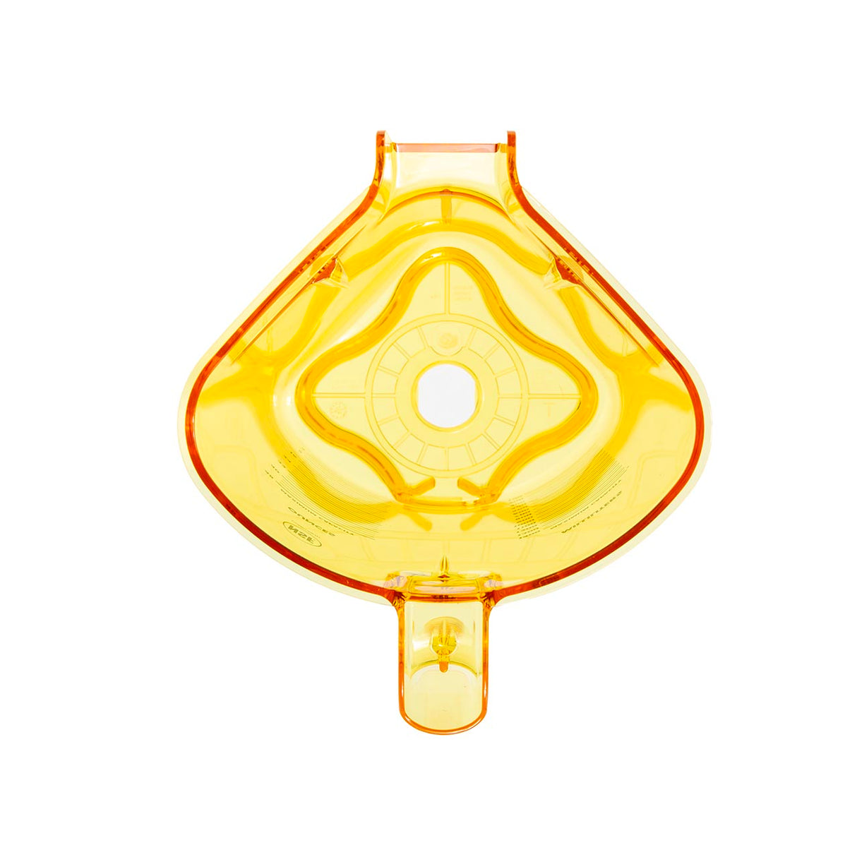 A transparent, yellow-orange plastic object, resembling a 48 oz BPA Free Tritan container, with a diamond-shaped center, symmetrical indented patterns, and a circular hole in the middle. It features a tab at the bottom and a wider top section against a white background.